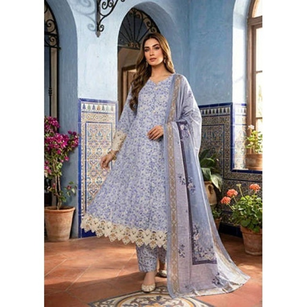 Meharma Naheen Pakistani 3pc Women's Kurta Set w/ Dupatta - Blue Floral - Medium